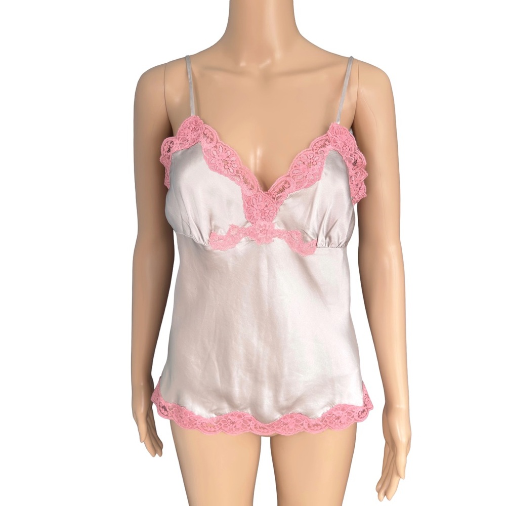 [SOLD] Vintage Lace Trim Silk Camisole Pink Silver Lingerie Chemise